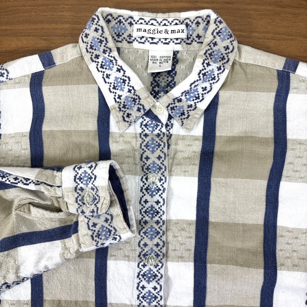 Maggie & Max Women Tan & Blue Vintage 90s Geo Embroidered Plaid 3/4 Slv Shirt L